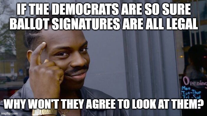 Roll Safe Think About It Meme | IF THE DEMOCRATS ARE SO SURE BALLOT SIGNATURES ARE ALL LEGAL; WHY WON'T THEY AGREE TO LOOK AT THEM? | image tagged in memes,roll safe think about it | made w/ Imgflip meme maker