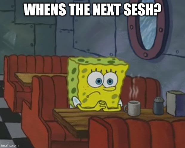 "Whens the next sesh " should be a meme | WHENS THE NEXT SESH? | image tagged in spongebob waiting,memes,sesh | made w/ Imgflip meme maker