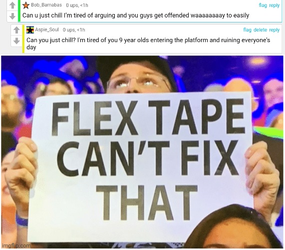 There was this kid who was demanding that jokes that go over kid's heads should be NSFW, so yeah | image tagged in flex tape can't fix that,rare insults,9 year olds | made w/ Imgflip meme maker