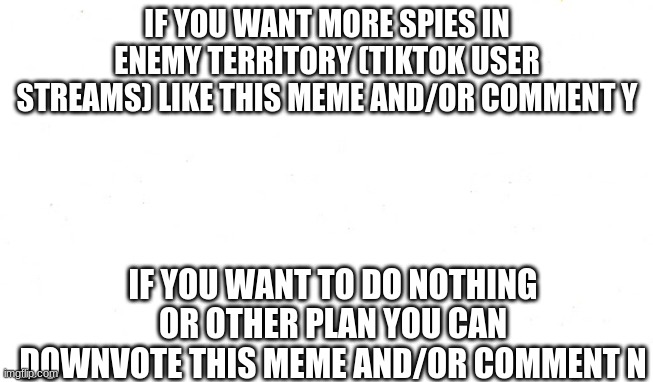 I'm going to count up the responses of anybody who participates | IF YOU WANT MORE SPIES IN ENEMY TERRITORY (TIKTOK USER STREAMS) LIKE THIS MEME AND/OR COMMENT Y; IF YOU WANT TO DO NOTHING OR OTHER PLAN YOU CAN DOWNVOTE THIS MEME AND/OR COMMENT N | image tagged in questiom,spies,tiktok enemies | made w/ Imgflip meme maker