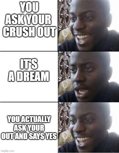 Happy Sad happy | YOU ASK YOUR  CRUSH OUT; IT'S A DREAM; YOU ACTUALLY ASK YOUR OUT AND SAYS YES | image tagged in happy sad happy,wholesome | made w/ Imgflip meme maker