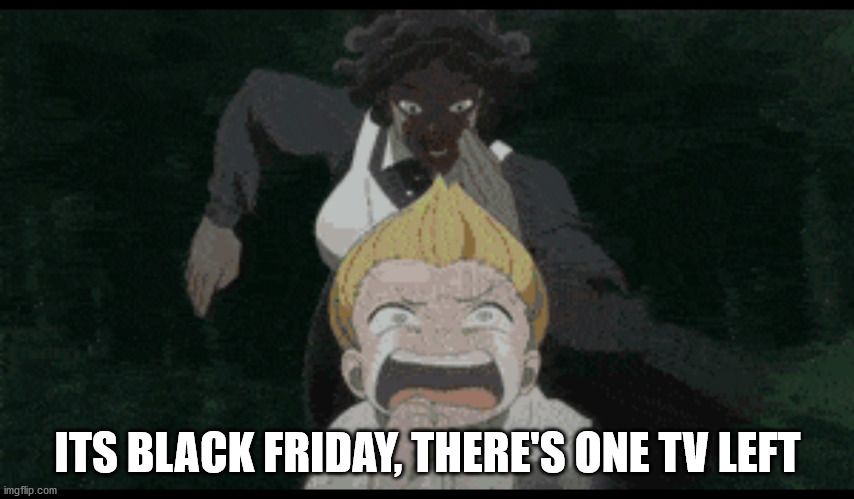 You better run all day and run all night | ITS BLACK FRIDAY, THERE'S ONE TV LEFT | image tagged in anime,sister krone,black friday at walmart | made w/ Imgflip meme maker