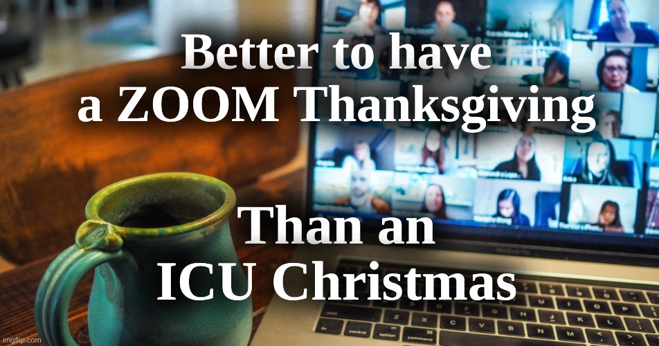 Zoom Thanksgiving | Better to have a ZOOM Thanksgiving; Than an ICU Christmas | image tagged in zoom,covid,holidays | made w/ Imgflip meme maker