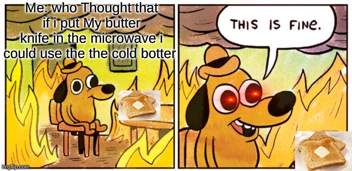This Is Fine Meme | Me: who Thought that if i put My butter knife in the microwave i could use the the cold botter | image tagged in memes,this is fine | made w/ Imgflip meme maker