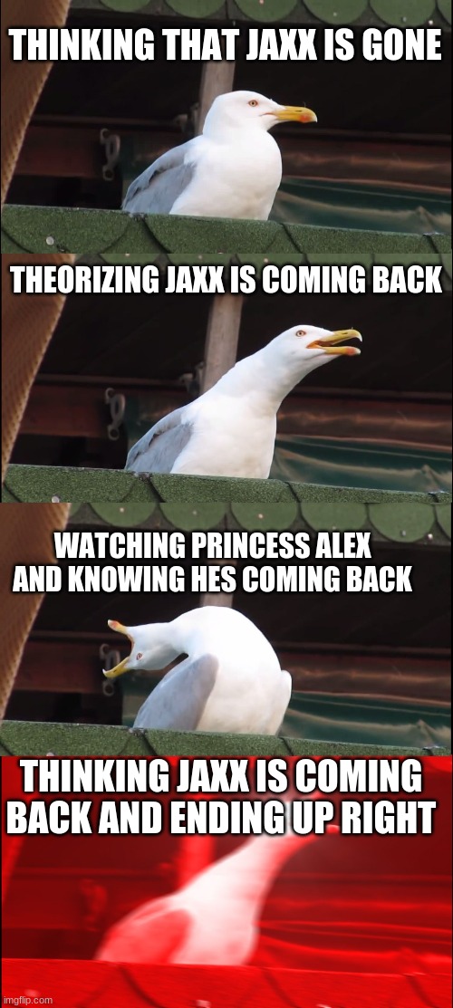 Inhaling Seagull | THINKING THAT JAXX IS GONE; THEORIZING JAXX IS COMING BACK; WATCHING PRINCESS ALEX AND KNOWING HES COMING BACK; THINKING JAXX IS COMING BACK AND ENDING UP RIGHT | image tagged in memes,inhaling seagull,inquisitormaster | made w/ Imgflip meme maker