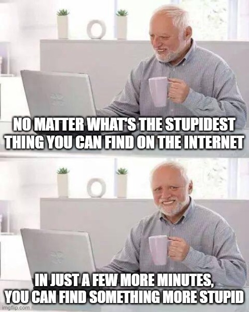Hide the Pain Harold | NO MATTER WHAT'S THE STUPIDEST THING YOU CAN FIND ON THE INTERNET; IN JUST A FEW MORE MINUTES, YOU CAN FIND SOMETHING MORE STUPID | image tagged in memes,hide the pain harold | made w/ Imgflip meme maker