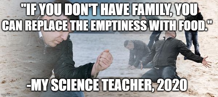 This was the most funny crap ever. | "IF YOU DON'T HAVE FAMILY, YOU; CAN REPLACE THE EMPTINESS WITH FOOD."; -MY SCIENCE TEACHER, 2020 | image tagged in sand guy | made w/ Imgflip meme maker