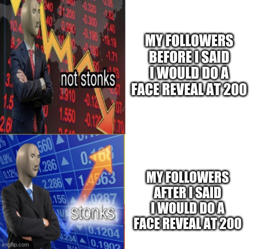 Stonks not stonks | MY FOLLOWERS BEFORE I SAID I WOULD DO A FACE REVEAL AT 200; MY FOLLOWERS AFTER I SAID I WOULD DO A FACE REVEAL AT 200 | image tagged in stonks not stonks | made w/ Imgflip meme maker