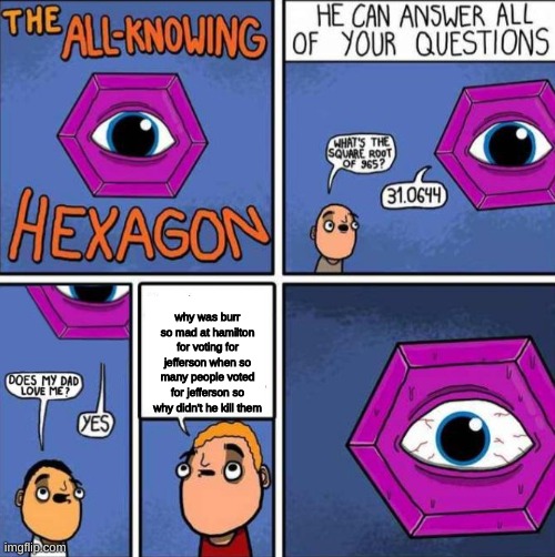 All knowing hexagon (ORIGINAL) | why was burr so mad at hamilton for voting for jefferson when so many people voted for jefferson so why didn't he kill them | image tagged in all knowing hexagon original | made w/ Imgflip meme maker