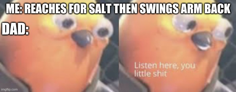 Listen here you little shit bird | ME: REACHES FOR SALT THEN SWINGS ARM BACK DAD: | image tagged in listen here you little shit bird | made w/ Imgflip meme maker