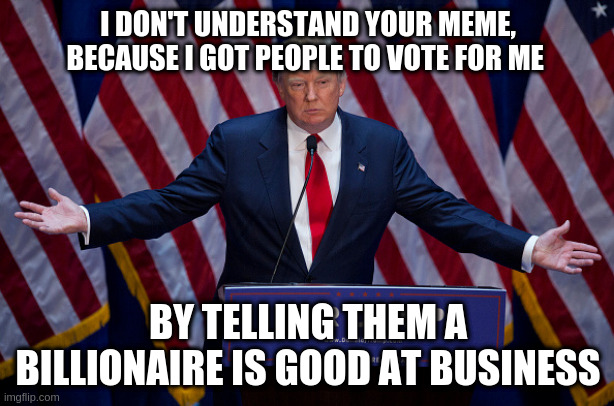 Donald Trump | I DON'T UNDERSTAND YOUR MEME, BECAUSE I GOT PEOPLE TO VOTE FOR ME BY TELLING THEM A BILLIONAIRE IS GOOD AT BUSINESS | image tagged in donald trump | made w/ Imgflip meme maker