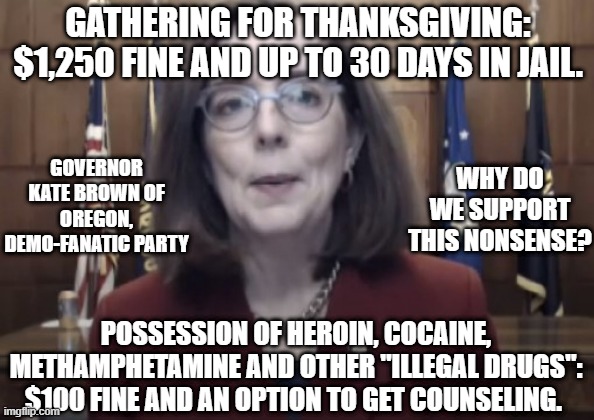 Demo-fanatic Party | GATHERING FOR THANKSGIVING: $1,250 FINE AND UP TO 30 DAYS IN JAIL. WHY DO WE SUPPORT THIS NONSENSE? GOVERNOR KATE BROWN OF OREGON, DEMO-FANATIC PARTY; POSSESSION OF HEROIN, COCAINE, METHAMPHETAMINE AND OTHER "ILLEGAL DRUGS": $100 FINE AND AN OPTION TO GET COUNSELING. | image tagged in drugs,democrats,thanksgiving,kate brown,oregon | made w/ Imgflip meme maker