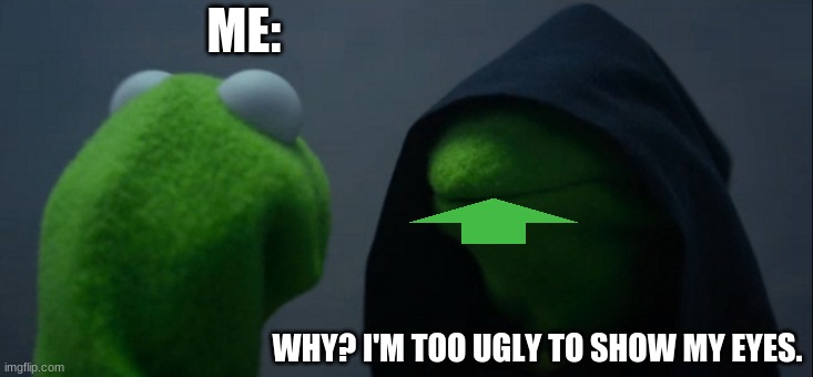 Evil Kermit | ME:; WHY? I'M TOO UGLY TO SHOW MY EYES. | image tagged in memes,evil kermit | made w/ Imgflip meme maker