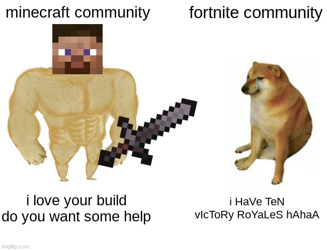 no more fortnite | minecraft community; fortnite community; i love your build do you want some help; i HaVe TeN vIcToRy RoYaLeS hAhaA | image tagged in memes,buff doge vs cheems,minecraft memes,minecraft community,fortnite | made w/ Imgflip meme maker