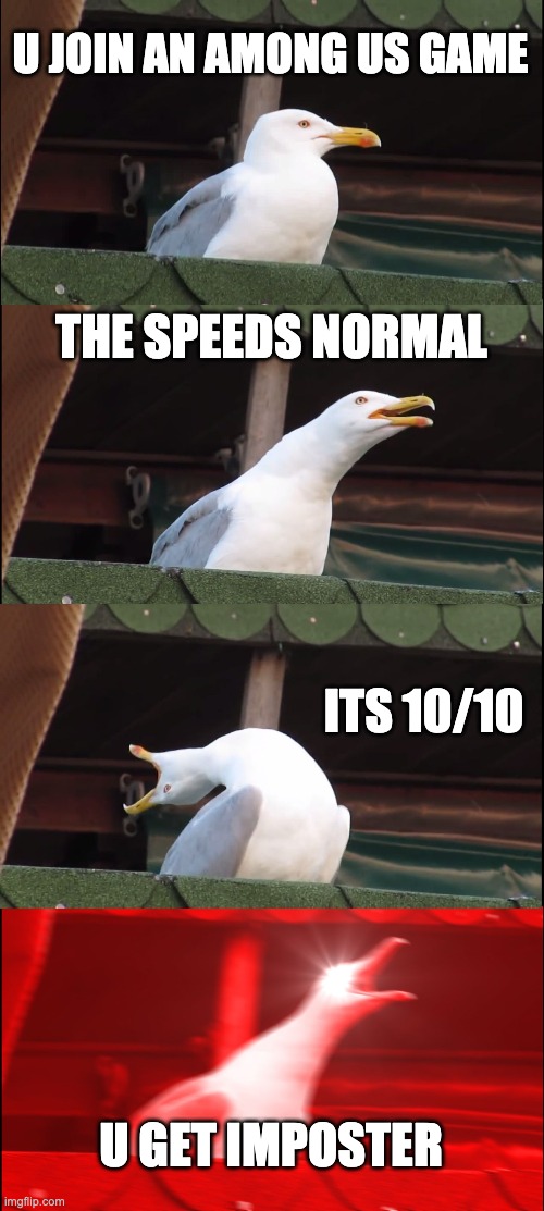 Inhaling Seagull Meme | U JOIN AN AMONG US GAME; THE SPEEDS NORMAL; ITS 10/10; U GET IMPOSTER | image tagged in memes,inhaling seagull | made w/ Imgflip meme maker