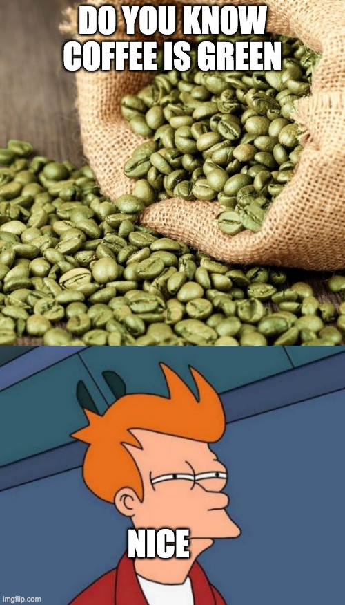DO YOU KNOW COFFEE IS GREEN; NICE | image tagged in coffee,green | made w/ Imgflip meme maker