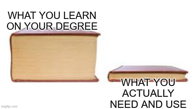University, a place to go, and then forget all the pointless shit later! | WHAT YOU LEARN ON YOUR DEGREE; WHAT YOU ACTUALLY NEED AND USE | image tagged in big book small book,university,college,useless stuff | made w/ Imgflip meme maker
