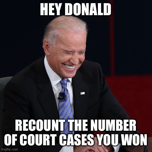 Joe Biden Laughing | HEY DONALD RECOUNT THE NUMBER OF COURT CASES YOU WON | image tagged in joe biden laughing | made w/ Imgflip meme maker