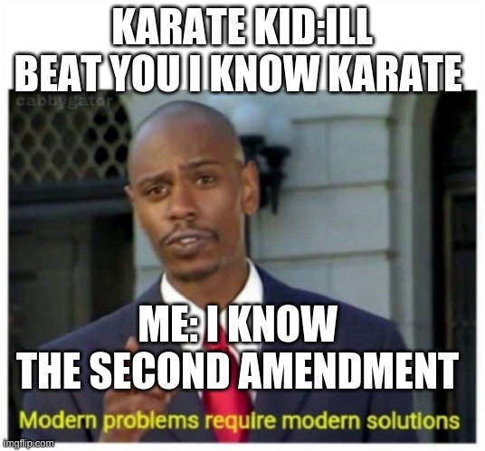 This is true though | KARATE KID:ILL BEAT YOU I KNOW KARATE; ME: I KNOW THE SECOND AMENDMENT | image tagged in modern problems | made w/ Imgflip meme maker