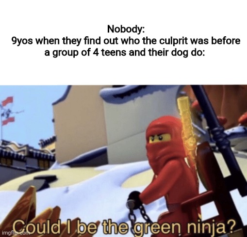 Could I Be The Green Ninja? |  Nobody:
9yos when they find out who the culprit was before a group of 4 teens and their dog do: | image tagged in could i be the green ninja,funny,meme | made w/ Imgflip meme maker