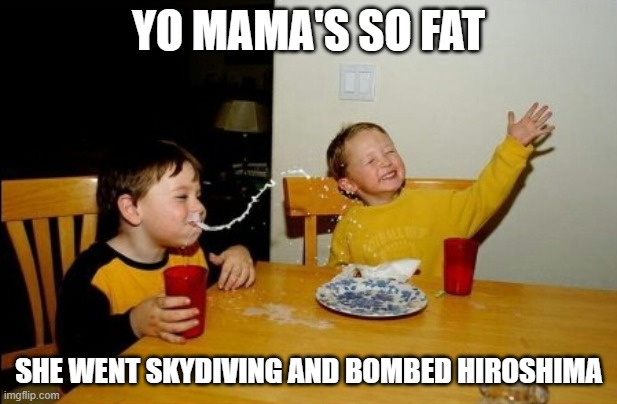Yo Mamas So Fat | YO MAMA'S SO FAT; SHE WENT SKYDIVING AND BOMBED HIROSHIMA | image tagged in memes,yo mamas so fat | made w/ Imgflip meme maker