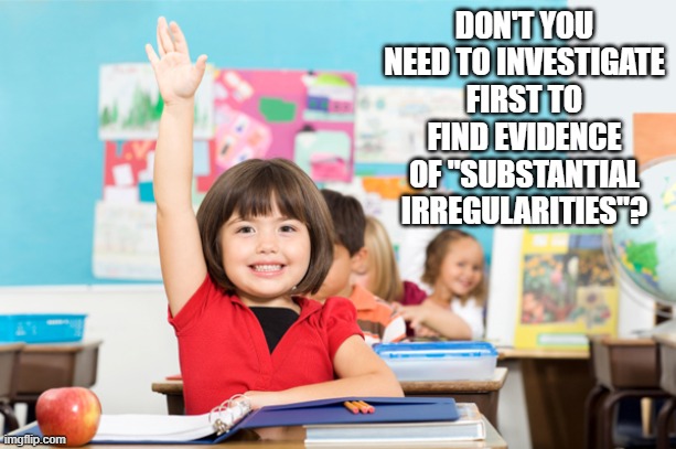 Investigate, then present evidence in court. | DON'T YOU NEED TO INVESTIGATE FIRST TO FIND EVIDENCE OF "SUBSTANTIAL IRREGULARITIES"? | image tagged in student raise hand | made w/ Imgflip meme maker