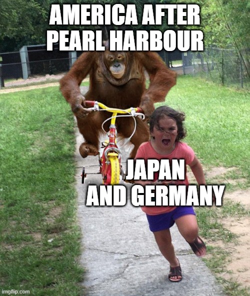 World War II | AMERICA AFTER PEARL HARBOUR; JAPAN AND GERMANY | image tagged in orangutan chasing girl on a tricycle | made w/ Imgflip meme maker
