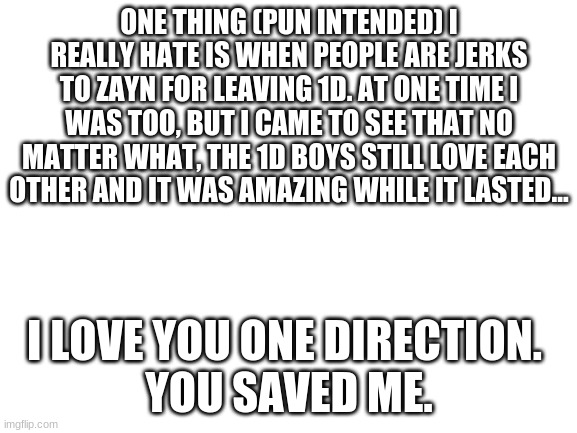 Really cool title goes here.. |  ONE THING (PUN INTENDED) I REALLY HATE IS WHEN PEOPLE ARE JERKS TO ZAYN FOR LEAVING 1D. AT ONE TIME I WAS TOO, BUT I CAME TO SEE THAT NO MATTER WHAT, THE 1D BOYS STILL LOVE EACH OTHER AND IT WAS AMAZING WHILE IT LASTED... I LOVE YOU ONE DIRECTION. 
YOU SAVED ME. | image tagged in blank white template,one direction | made w/ Imgflip meme maker