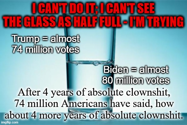 Pessimism. | I CAN'T DO IT; I CAN'T SEE THE GLASS AS HALF FULL - I'M TRYING; Trump = almost 74 million votes; Biden = almost 80 million votes; After 4 years of absolute clownshit, 74 million Americans have said, how about 4 more years of absolute clownshit. | image tagged in glass half full,donald trump,joe biden,bring on the clowns | made w/ Imgflip meme maker