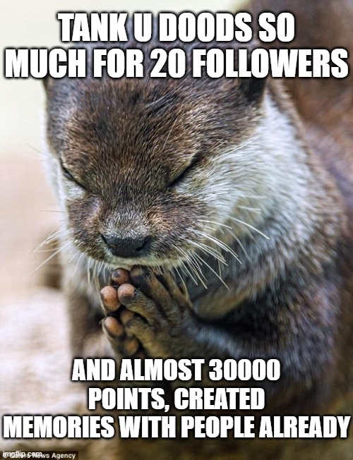 thank chu :D i wanna do i reveal of my ~dog~ but the reveal sstream says  cant. should i just post on fun stream? | TANK U DOODS SO MUCH FOR 20 FOLLOWERS; AND ALMOST 30000 POINTS, CREATED MEMORIES WITH PEOPLE ALREADY | image tagged in thank you lord otter | made w/ Imgflip meme maker