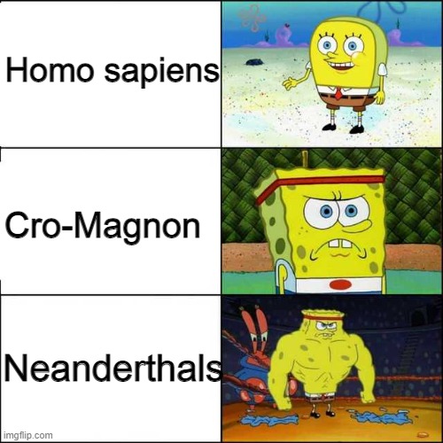 Spongebob strong | Homo sapiens Cro-Magnon Neanderthals | image tagged in spongebob strong | made w/ Imgflip meme maker