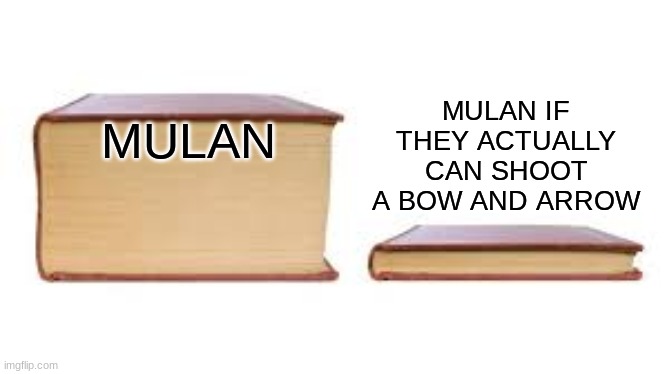 is it not true? | MULAN IF THEY ACTUALLY CAN SHOOT A BOW AND ARROW; MULAN | image tagged in big book small book | made w/ Imgflip meme maker