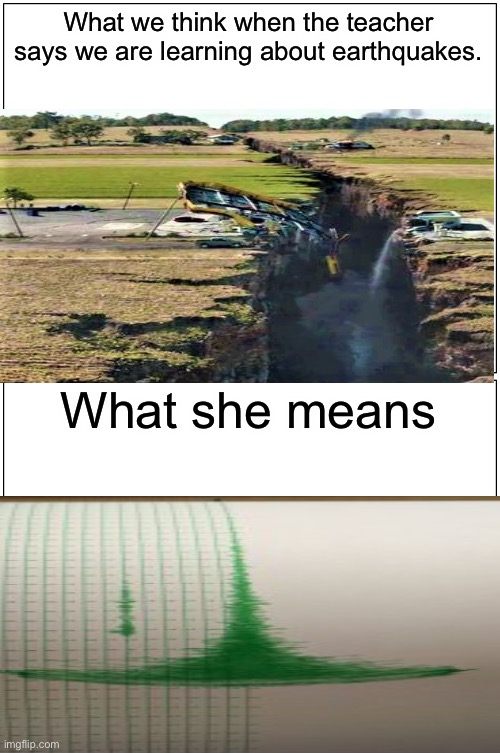 Blank Comic Panel 1x2 | What we think when the teacher says we are learning about earthquakes. What she means | image tagged in memes,blank comic panel 1x2 | made w/ Imgflip meme maker