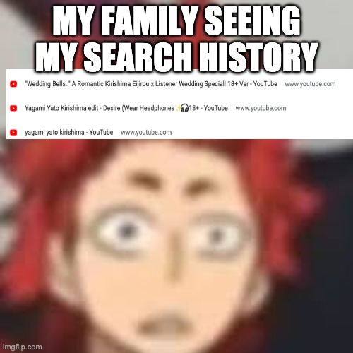 Don't mind me. | MY FAMILY SEEING MY SEARCH HISTORY | image tagged in shocked kirishima,dumb simp | made w/ Imgflip meme maker