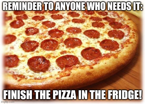 Just in case. | REMINDER TO ANYONE WHO NEEDS IT:; FINISH THE PIZZA IN THE FRIDGE! | image tagged in coming out pizza | made w/ Imgflip meme maker