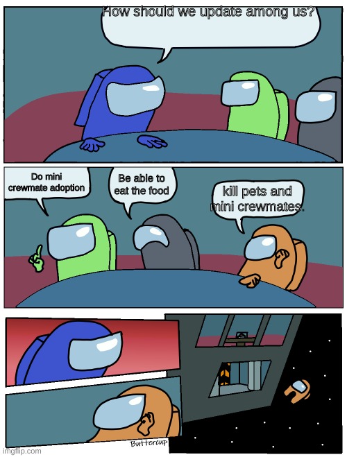 Among Us Meeting | How should we update among us? Do mini crewmate adoption; Be able to eat the food; kill pets and mini crewmates. | image tagged in among us meeting | made w/ Imgflip meme maker