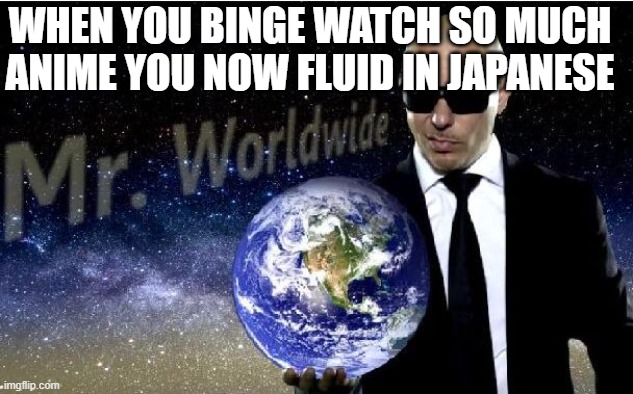 mr world wide | WHEN YOU BINGE WATCH SO MUCH ANIME YOU NOW FLUID IN JAPANESE | image tagged in mr world wide | made w/ Imgflip meme maker