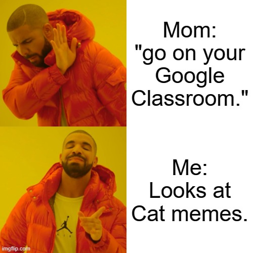 Drake Hotline Bling Meme | Mom: "go on your Google Classroom."; Me: Looks at Cat memes. | image tagged in memes,drake hotline bling | made w/ Imgflip meme maker