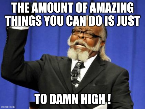 Too Damn High | THE AMOUNT OF AMAZING THINGS YOU CAN DO IS JUST; TO DAMN HIGH ! | image tagged in memes,too damn high | made w/ Imgflip meme maker