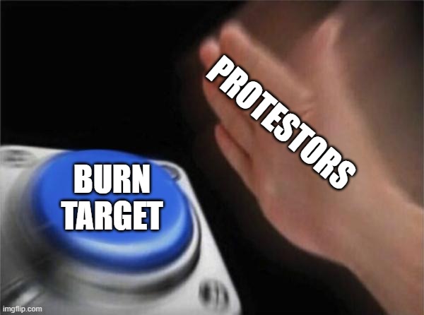 Blank Nut Button Meme | PROTESTORS; BURN TARGET | image tagged in memes,blank nut button | made w/ Imgflip meme maker