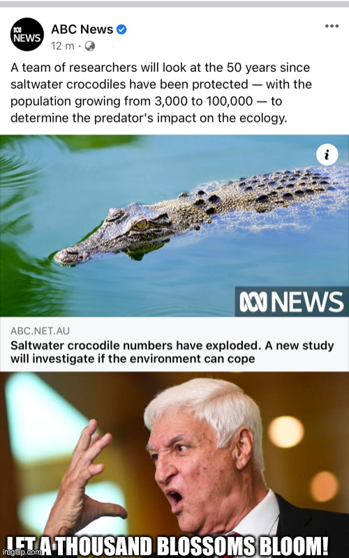 Bob Katter’s crocs | LET A THOUSAND BLOSSOMS BLOOM! | image tagged in bobkatter,crocodile,northqueensland | made w/ Imgflip meme maker