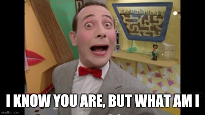 Pee Wee | I KNOW YOU ARE, BUT WHAT AM I | image tagged in pee wee | made w/ Imgflip meme maker