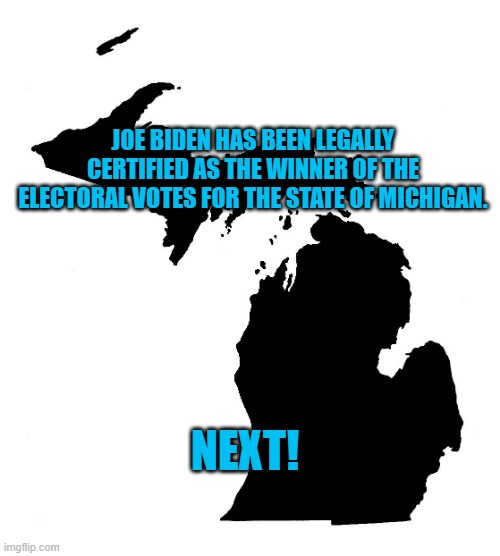 Another Domino Falls. | JOE BIDEN HAS BEEN LEGALLY CERTIFIED AS THE WINNER OF THE ELECTORAL VOTES FOR THE STATE OF MICHIGAN. NEXT! | image tagged in politics | made w/ Imgflip meme maker