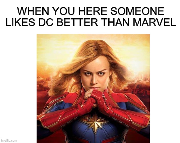 DC  VS. Marvel | WHEN YOU HERE SOMEONE LIKES DC BETTER THAN MARVEL | image tagged in marvel,dc comics | made w/ Imgflip meme maker