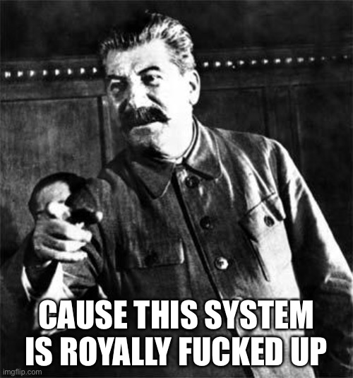 Stalin | CAUSE THIS SYSTEM IS ROYALLY FUCKED UP | image tagged in stalin | made w/ Imgflip meme maker