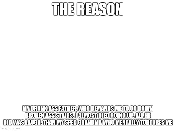 Blank White Template | THE REASON; MY DRUNK ASS FATHER, WHO DEMANDS ME TO GO DOWN BROKEN ASS STAIRS. I ALMOST DIED GOING UP. ALL HE DID WAS LAUGH. THAN MY SPED GRANDMA WHO MENTALLY TORTURES ME | image tagged in blank white template | made w/ Imgflip meme maker