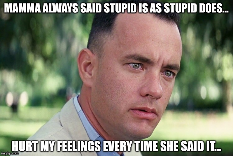 And Just Like That | MAMMA ALWAYS SAID STUPID IS AS STUPID DOES... HURT MY FEELINGS EVERY TIME SHE SAID IT... | image tagged in memes,and just like that,forrest gump,stupid people,movie quotes | made w/ Imgflip meme maker