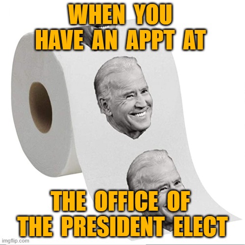 Biden buttwipe | WHEN  YOU  HAVE  AN  APPT  AT; THE  OFFICE  OF  THE  PRESIDENT  ELECT | image tagged in joe biden | made w/ Imgflip meme maker