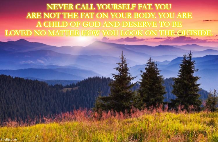 Love yourself for you | NEVER CALL YOURSELF FAT. YOU ARE NOT THE FAT ON YOUR BODY. YOU ARE A CHILD OF GOD AND DESERVE TO BE LOVED NO MATTER HOW YOU LOOK ON THE OUTSIDE. | image tagged in sunrise,inspirational quote | made w/ Imgflip meme maker