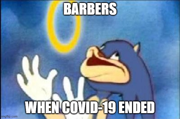 Sonic derp | BARBERS; WHEN COVID-19 ENDED | image tagged in sonic derp,covid-19,pandemic,coronavirus,2020,money | made w/ Imgflip meme maker